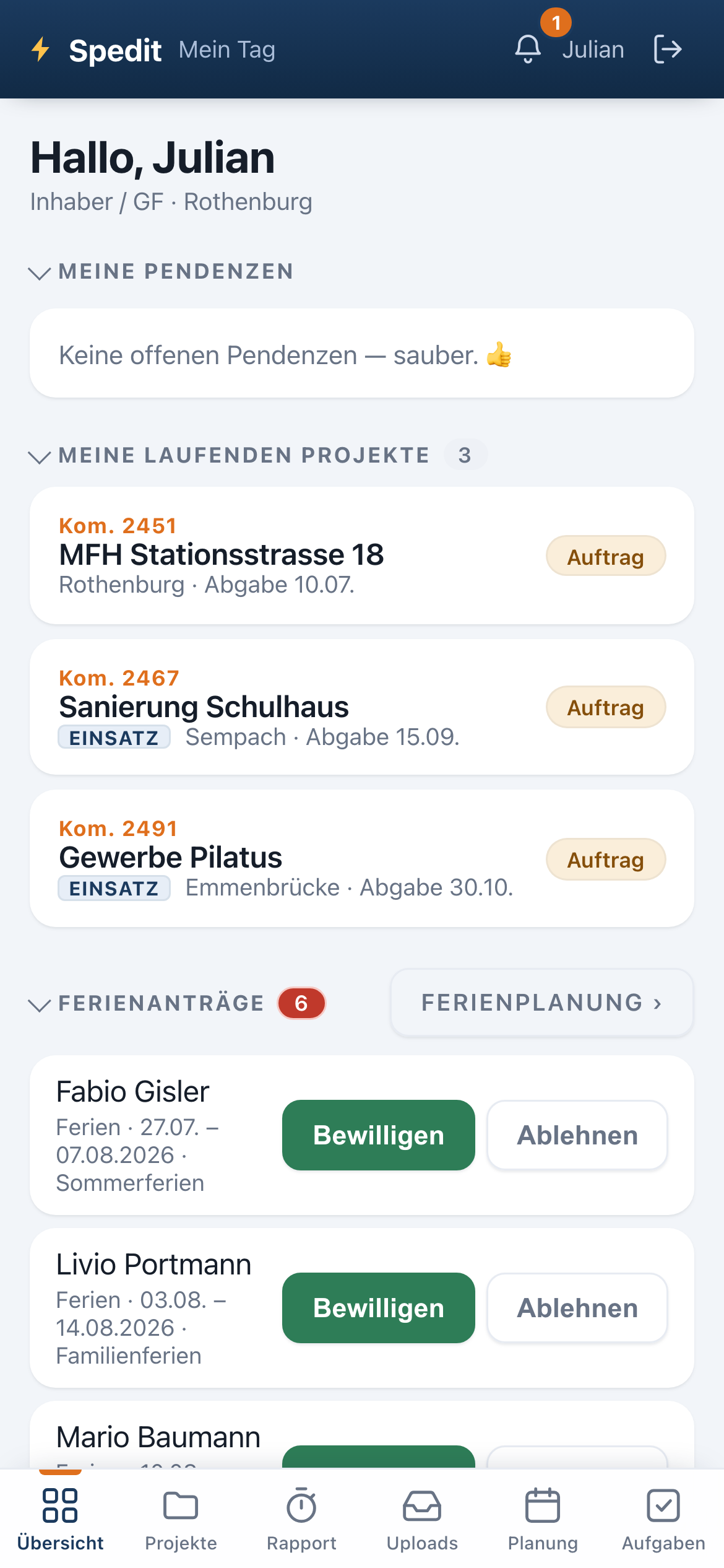 Spedit auf dem Handy: die Übersicht «Mein Tag» mit laufenden Projekten und offenen Ferienanträgen.